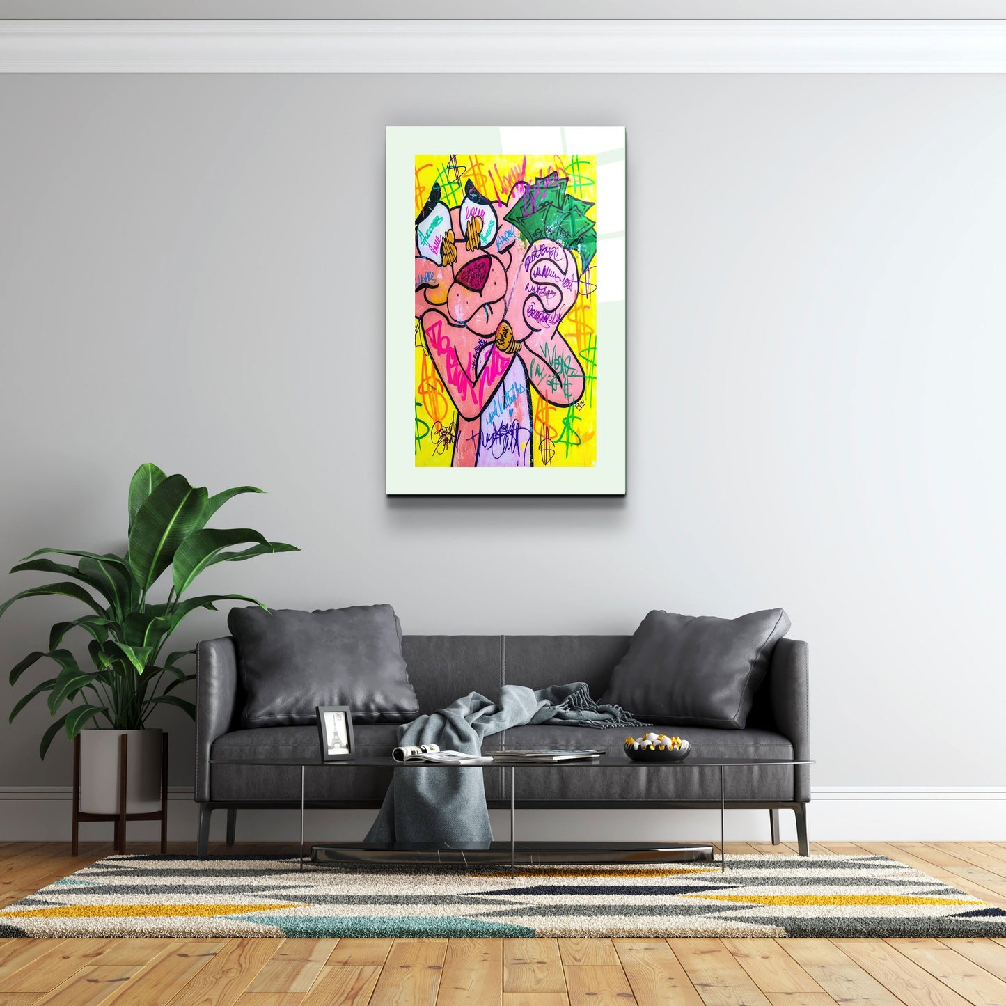 Pink Panther - Retro Painting - Designer's Collection Glass Wall Art