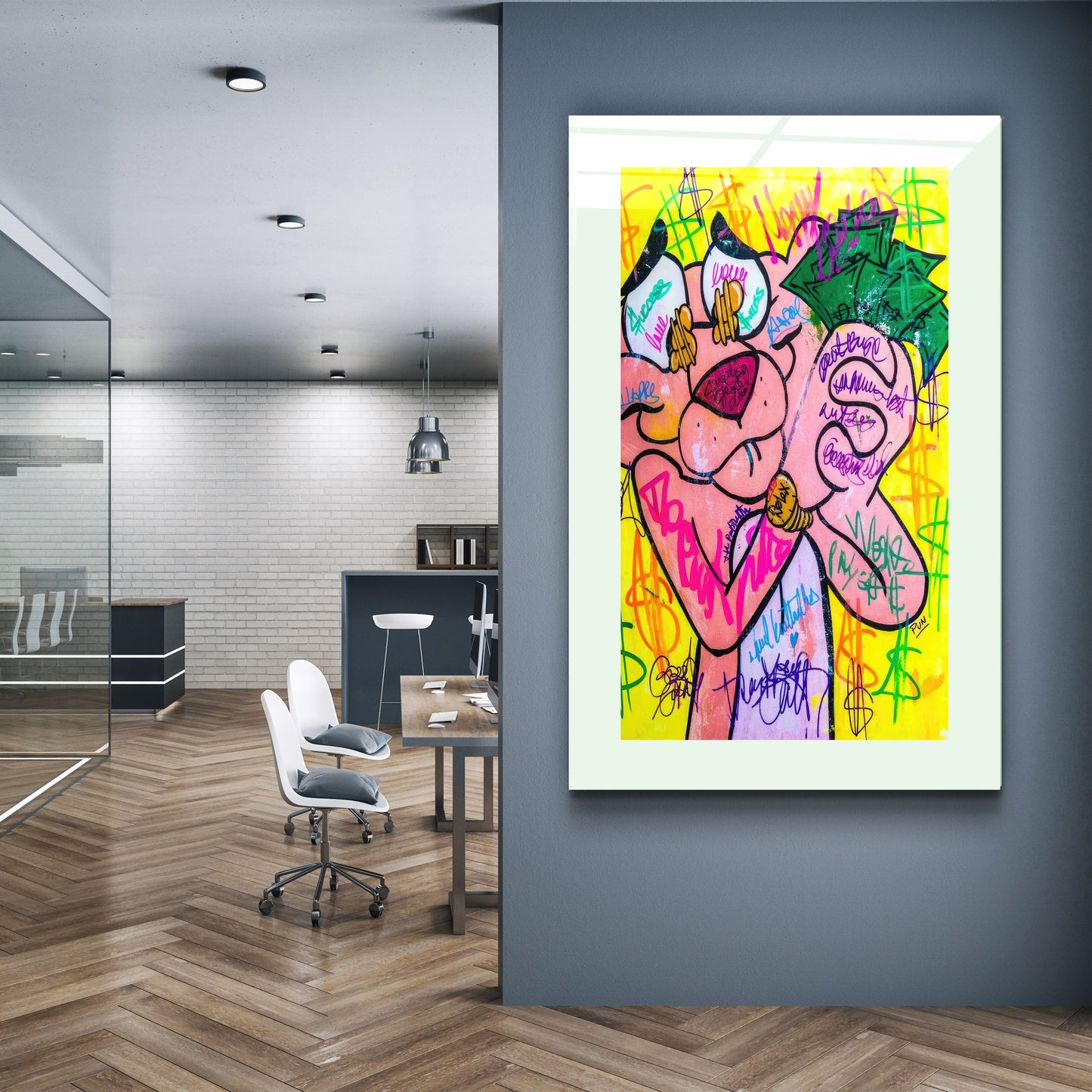 Pink Panther - Retro Painting - Designer's Collection Glass Wall Art